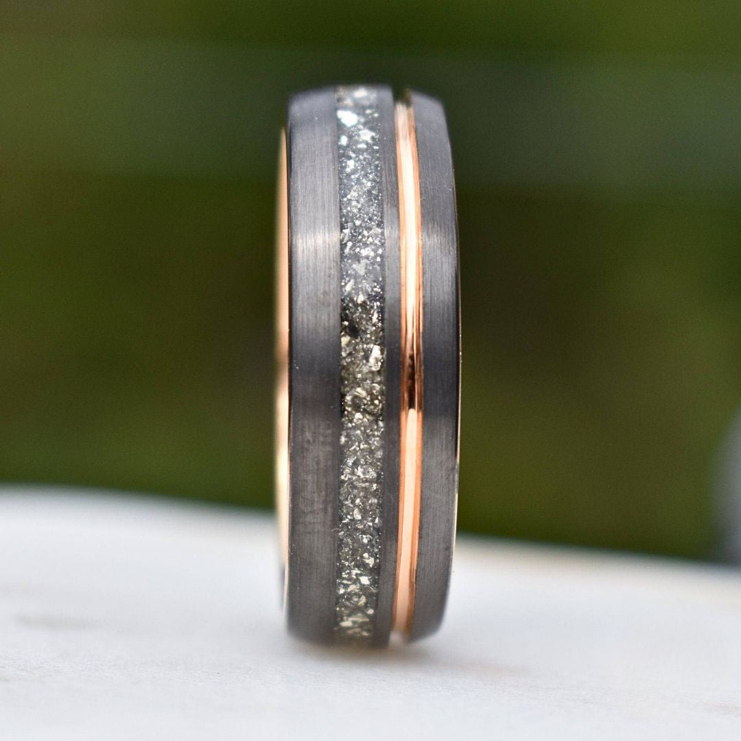 Tungsten 8mm Ring Grey with Rose Gold Accent and German Glass - Tungsten Titans
