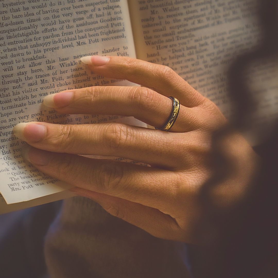 Hammered 4mm Black Tungsten Ring with 22K Gold Leaf and Meteorite Inlay - Tungsten Titans