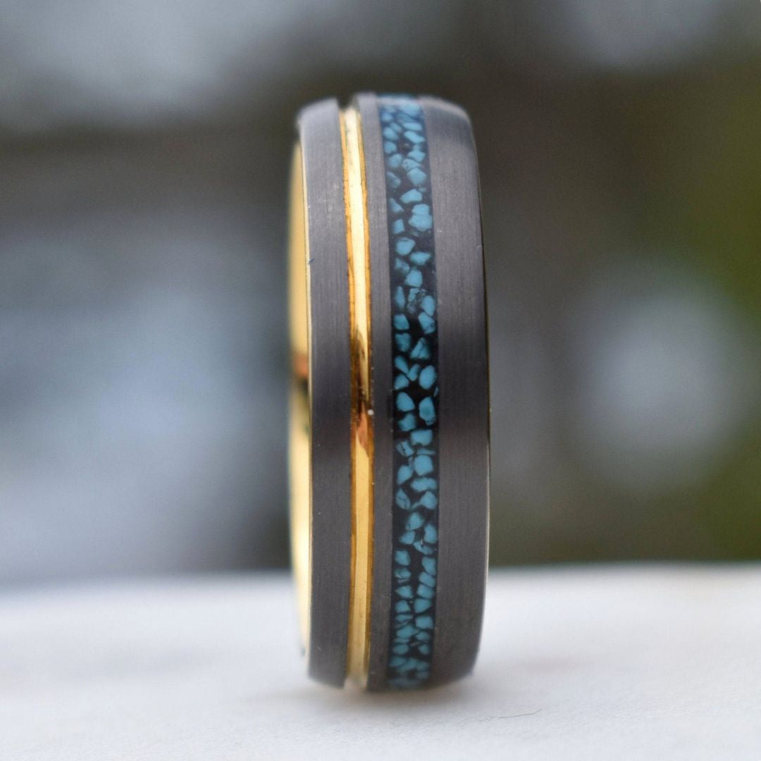 Tungsten 8mm Ring Grey with Gold Accent and Crushed Turquoise - Tungsten Titans