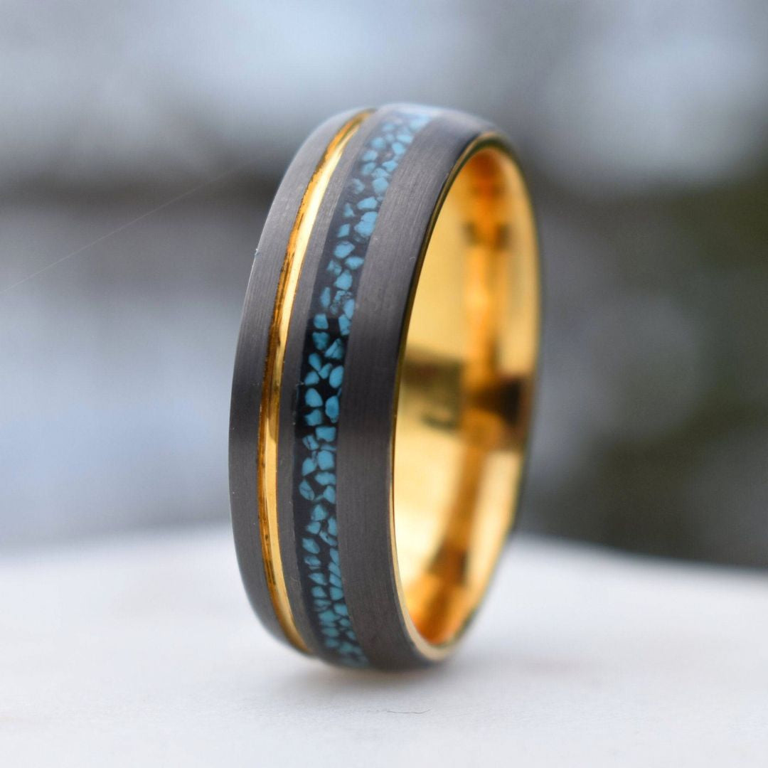 Tungsten 8mm Ring Grey with Gold Accent and Crushed Turquoise - Tungsten Titans
