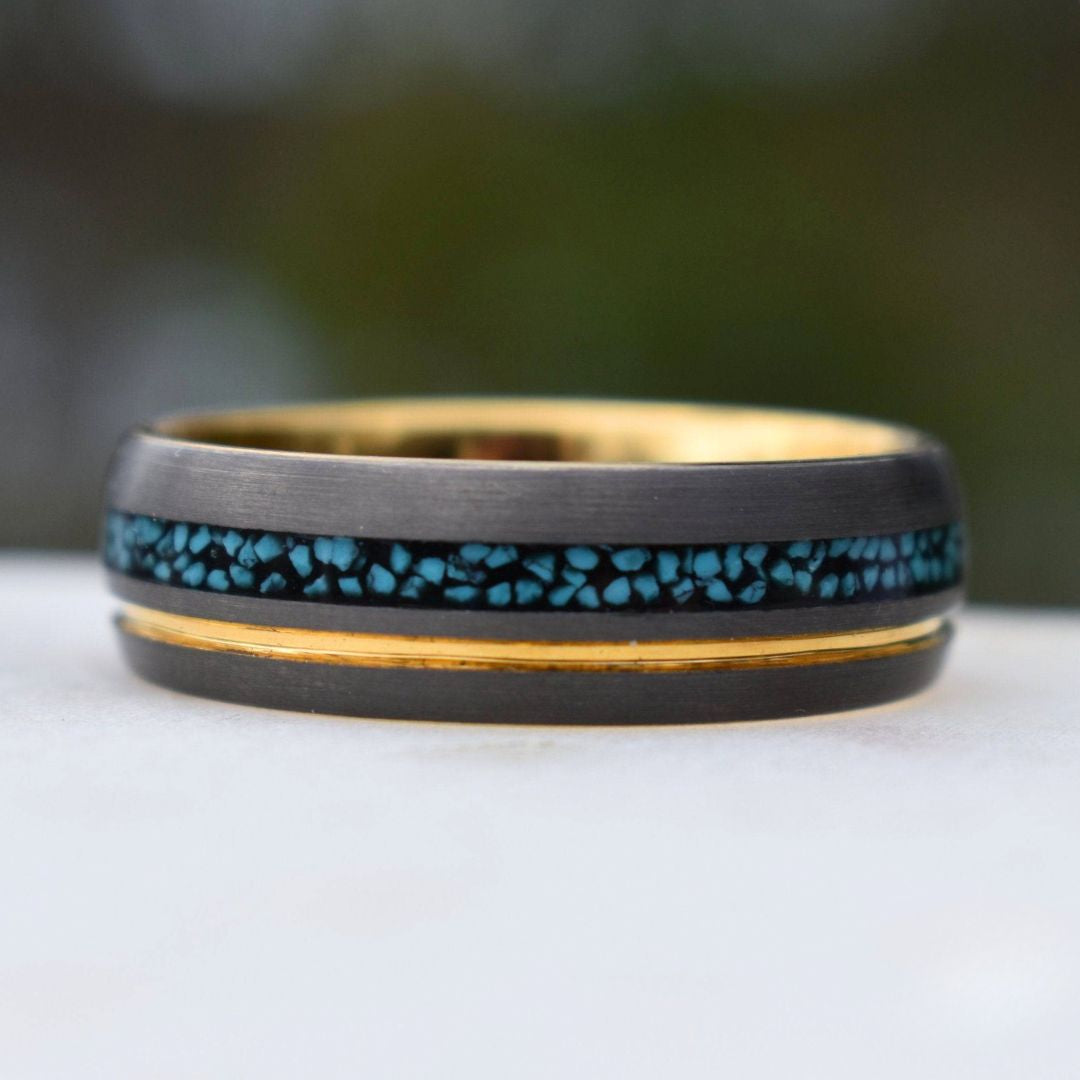 Tungsten 8mm Ring Grey with Gold Accent and Crushed Turquoise - Tungsten Titans