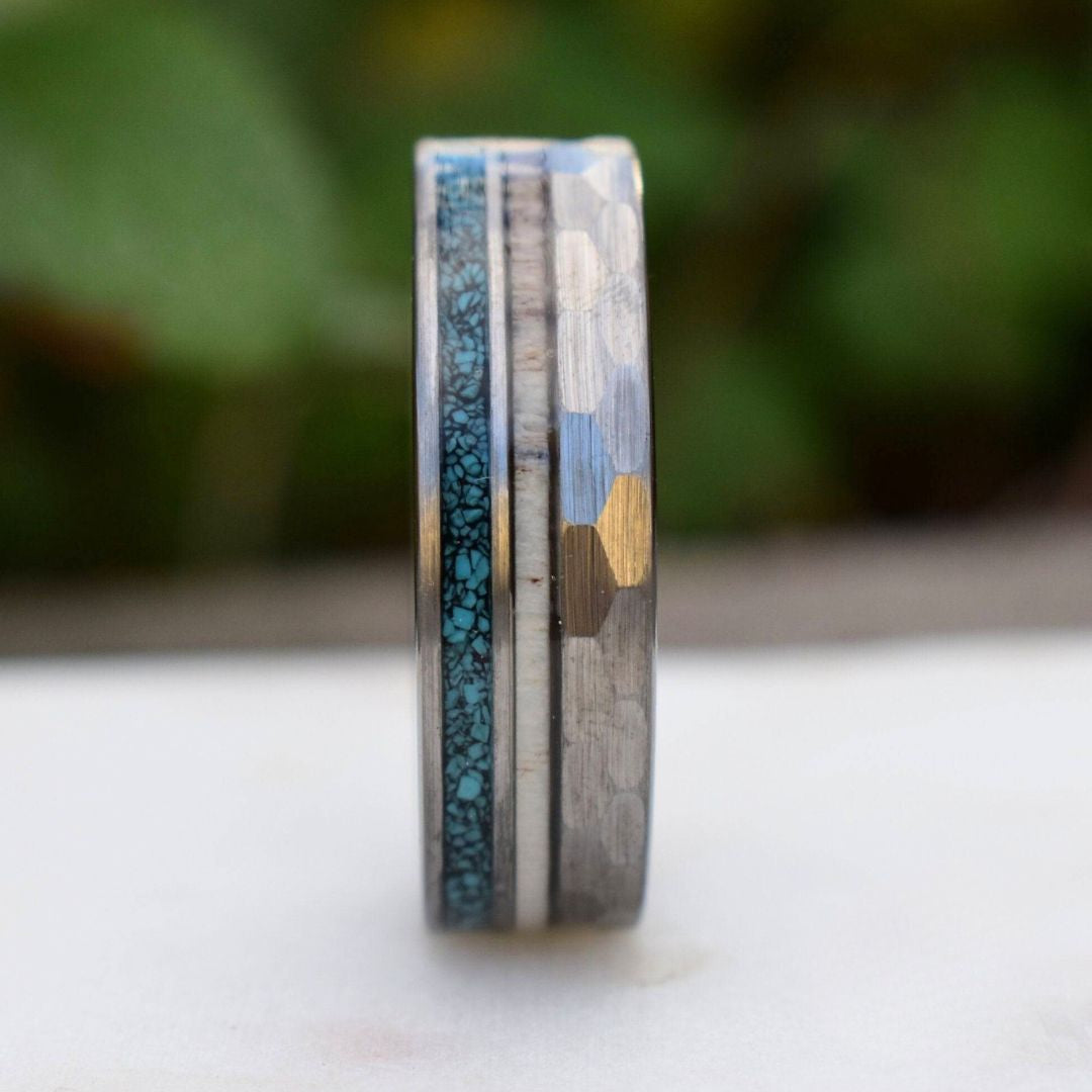 Tungsten 8mm Hammered Ring with Antler and Crushed Turquoise - Tungsten Titans