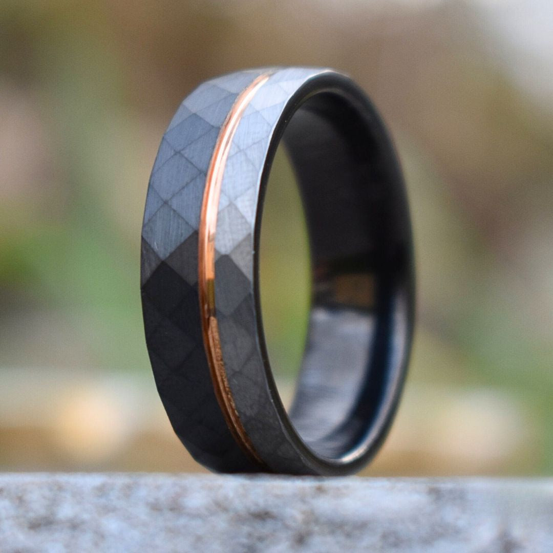 Hammered 8mm Tungsten Ring Black and Silver Brushed with Rose Gold Accent - Tungsten Titans