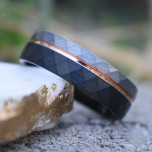 Hammered 8mm Tungsten Ring Black and Silver Brushed with Rose Gold Accent - Tungsten Titans