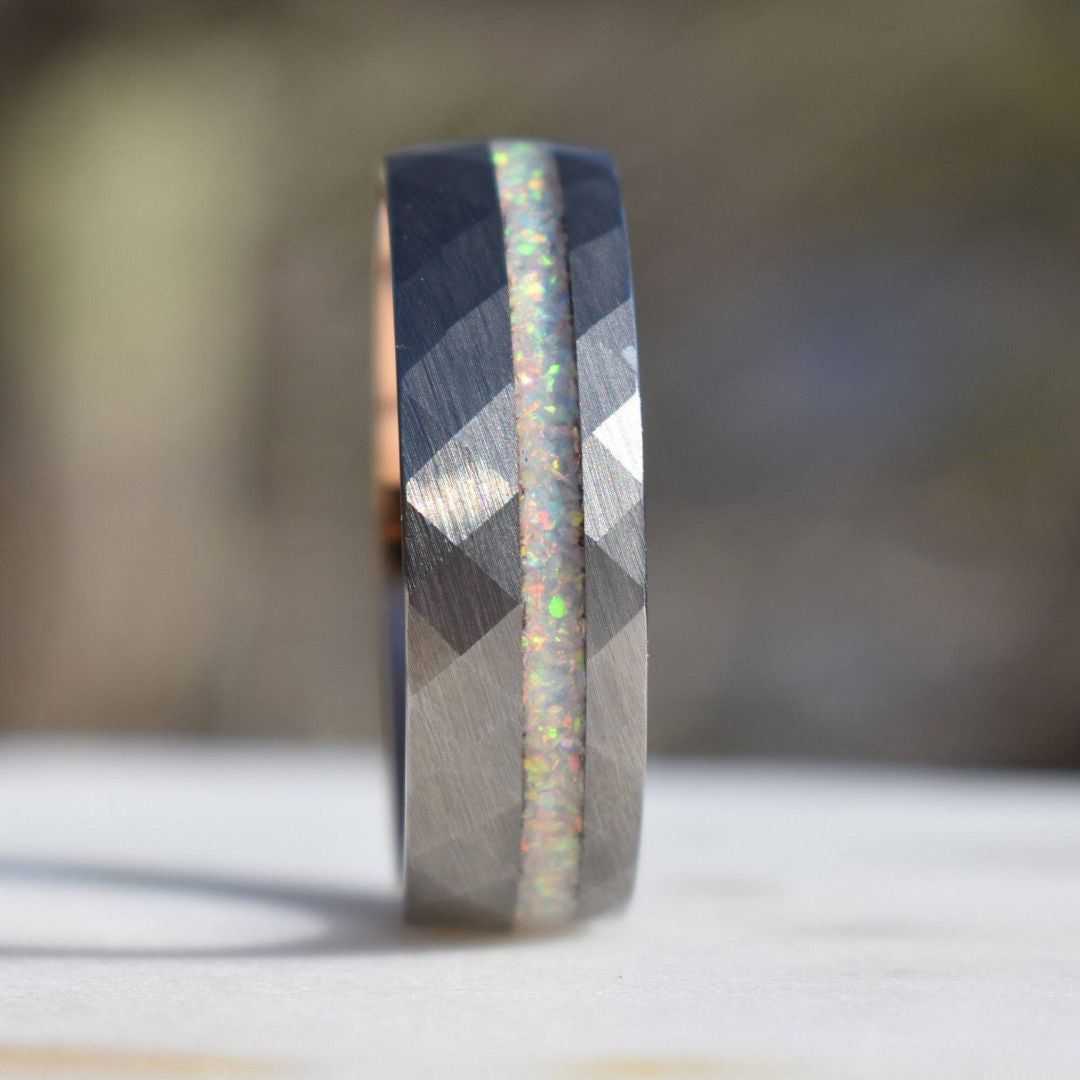 Tungsten 8mm Hammered Ring with Crushed Opal and Rose Gold Inner Band - Tungsten Titans