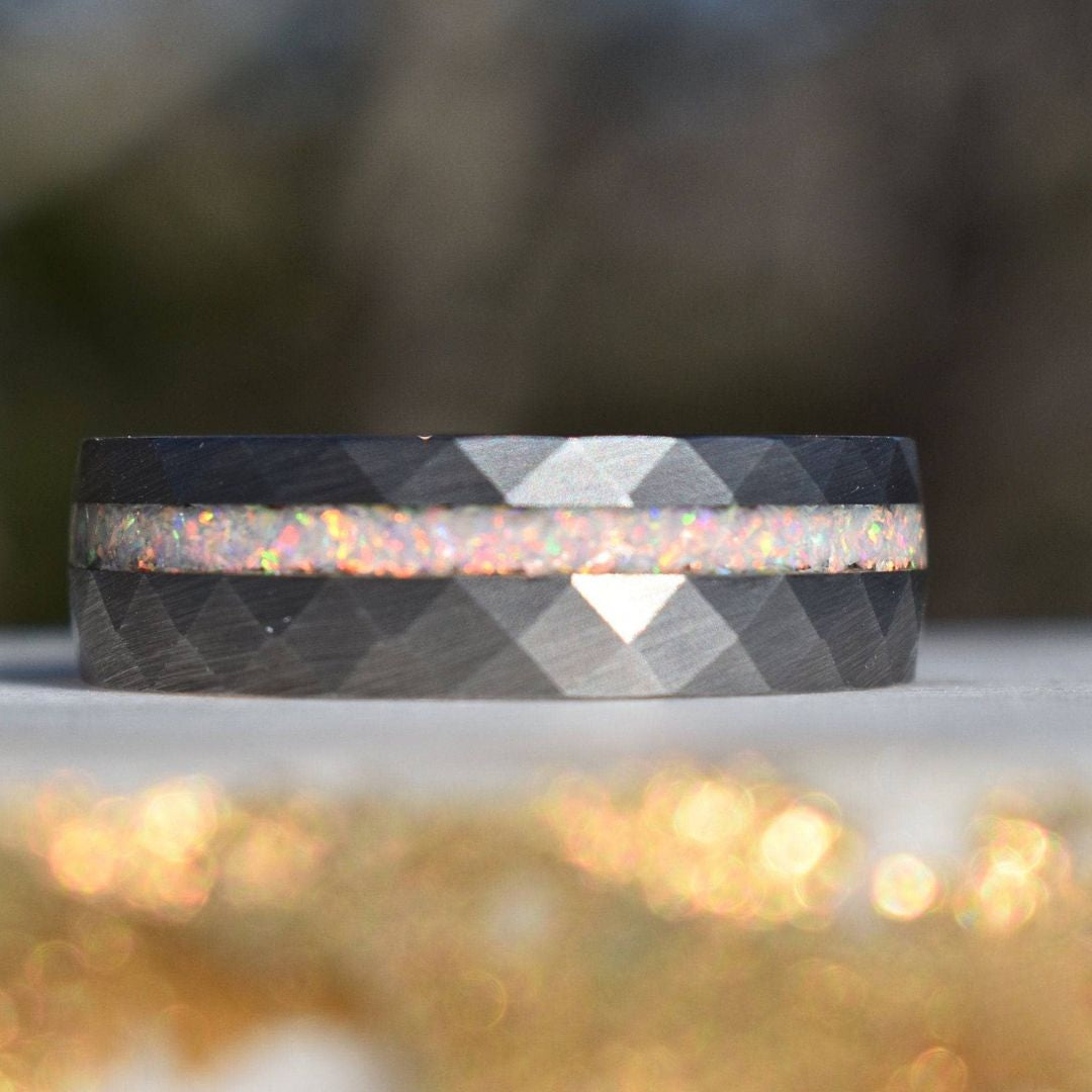 Tungsten 8mm Hammered Ring with Crushed Opal and Rose Gold Inner Band - Tungsten Titans