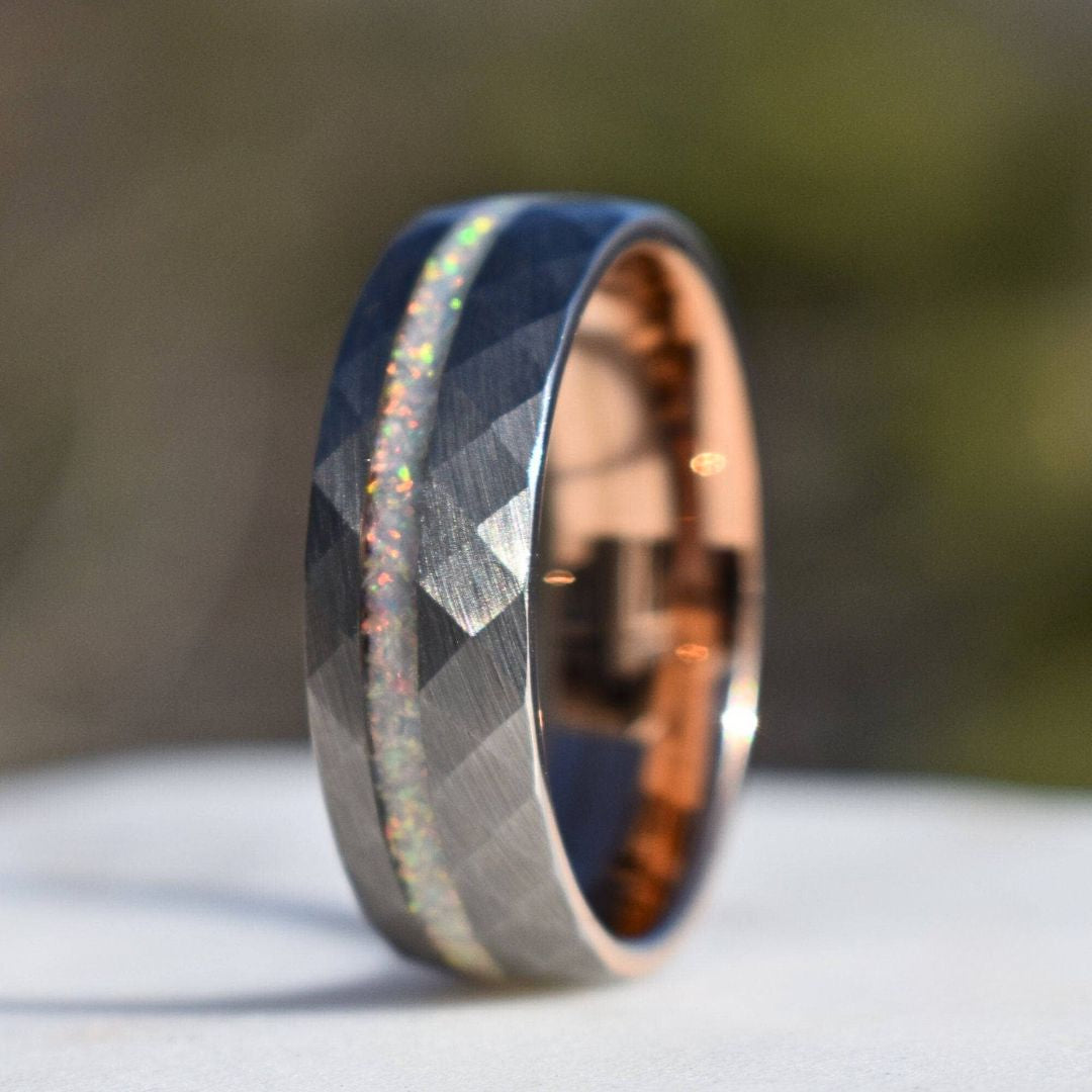 Tungsten 8mm Hammered Ring with Crushed Opal and Rose Gold Inner Band - Tungsten Titans