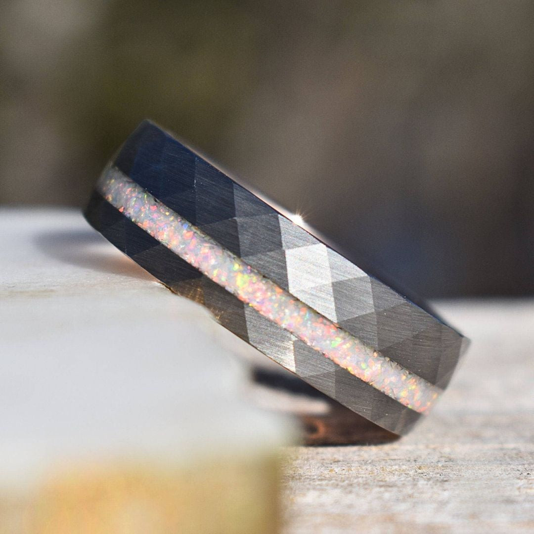 Tungsten 8mm Hammered Ring with Crushed Opal and Rose Gold Inner Band - Tungsten Titans