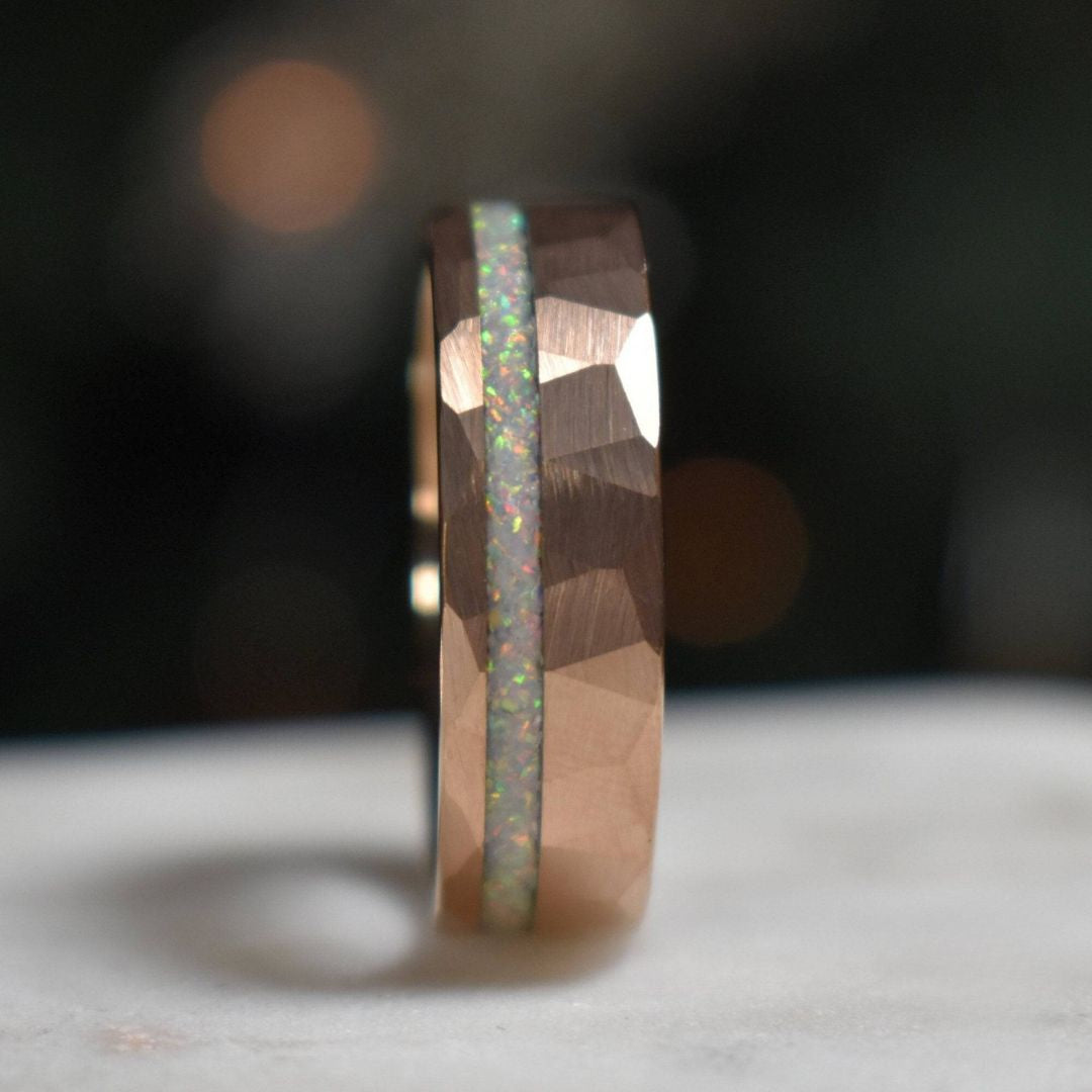 Tungsten 8mm Hammered Rose Gold Ring with Crushed Opal Centre - Tungsten Titans