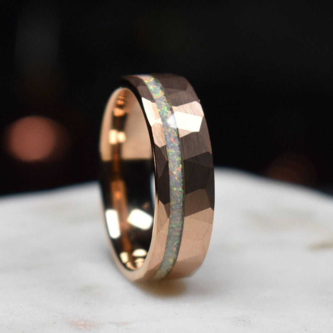 Tungsten 8mm Hammered Rose Gold Ring with Crushed Opal Centre - Tungsten Titans