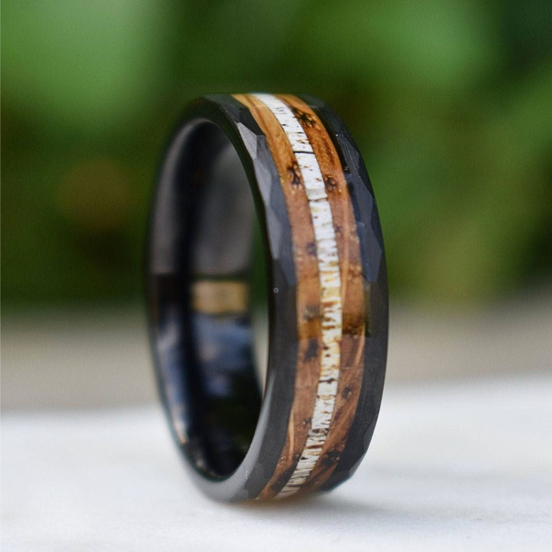 Tungsten 8mm Hammered Ring with Antler and Whiskey Barrel - Tungsten Titans