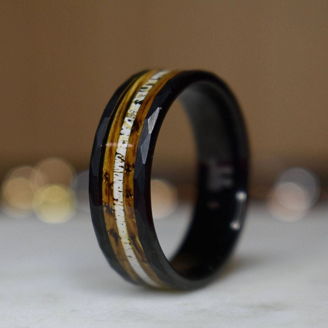 Tungsten 8mm Hammered Ring with Antler and Whiskey Barrel - Tungsten Titans