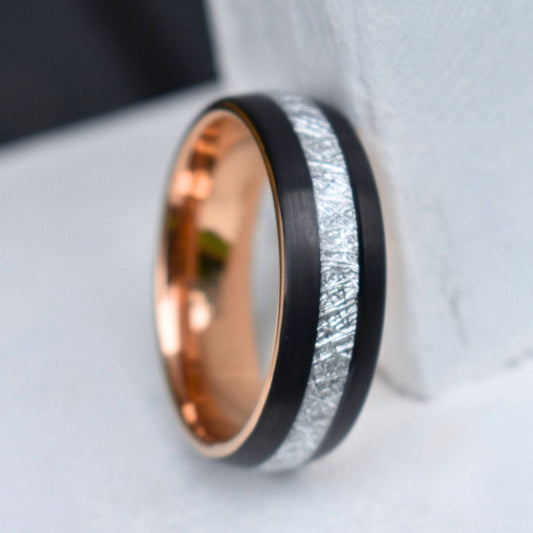 Tungsten 8mm Ring Black with Meteorite and Rose Gold Inner Band - Tungsten Titans
