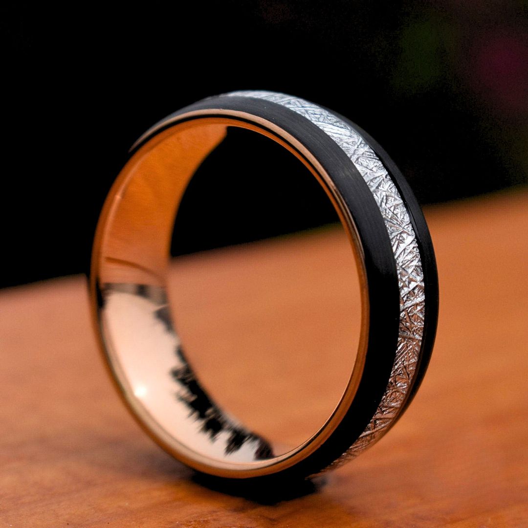 Tungsten 8mm Ring Black with Meteorite and Rose Gold Inner Band - Tungsten Titans