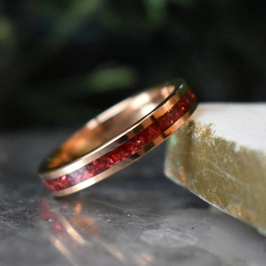 Tungsten 4mm Rose Gold Ring German Ruby Red Glass Wedding Band - Tungsten Titans