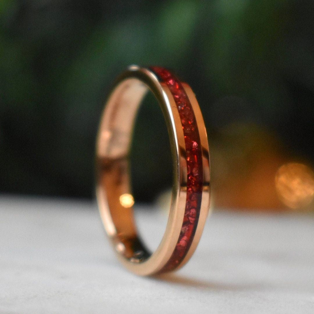 Tungsten 4mm Rose Gold Ring German Ruby Red Glass Wedding Band - Tungsten Titans