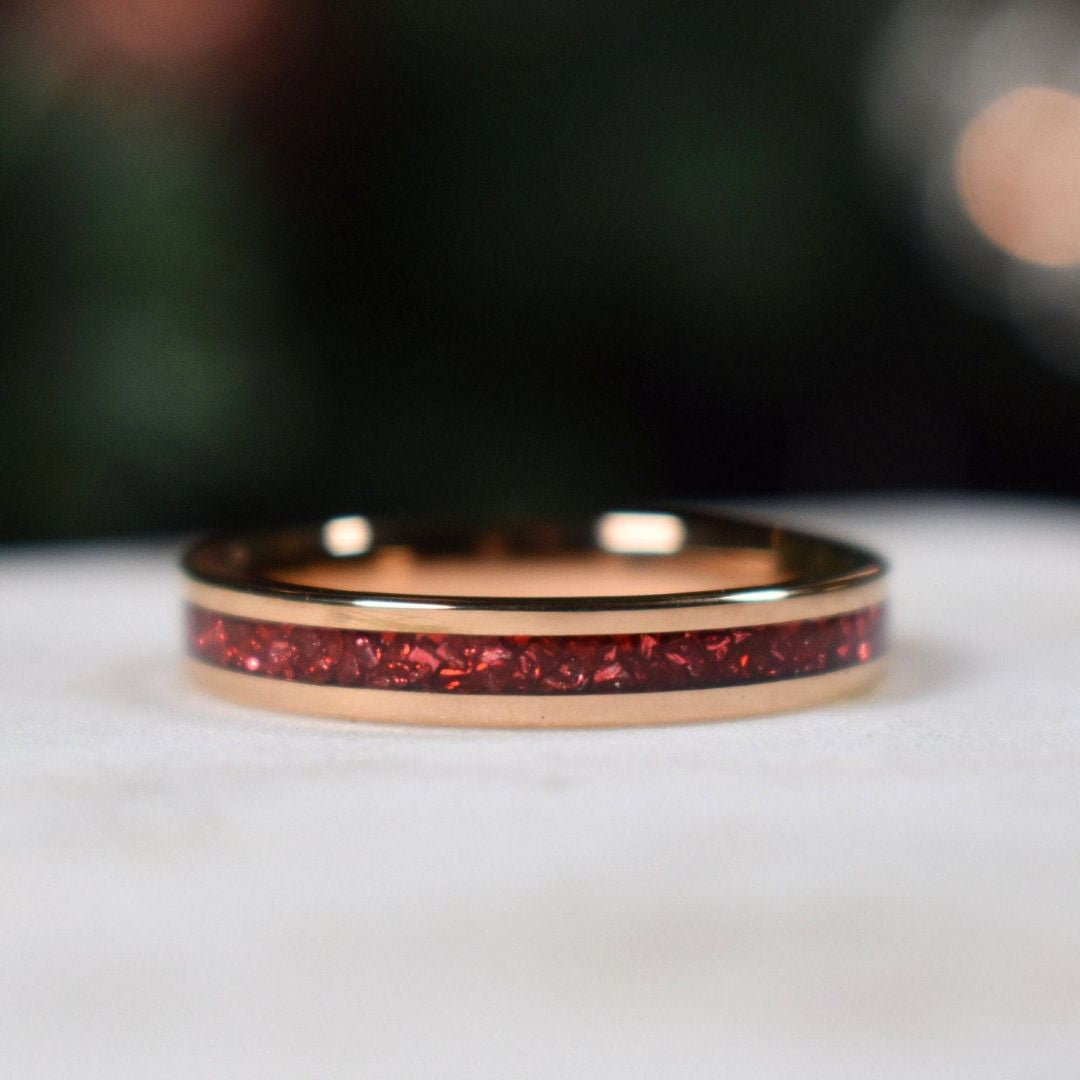 Tungsten 4mm Rose Gold Ring German Ruby Red Glass Wedding Band - Tungsten Titans