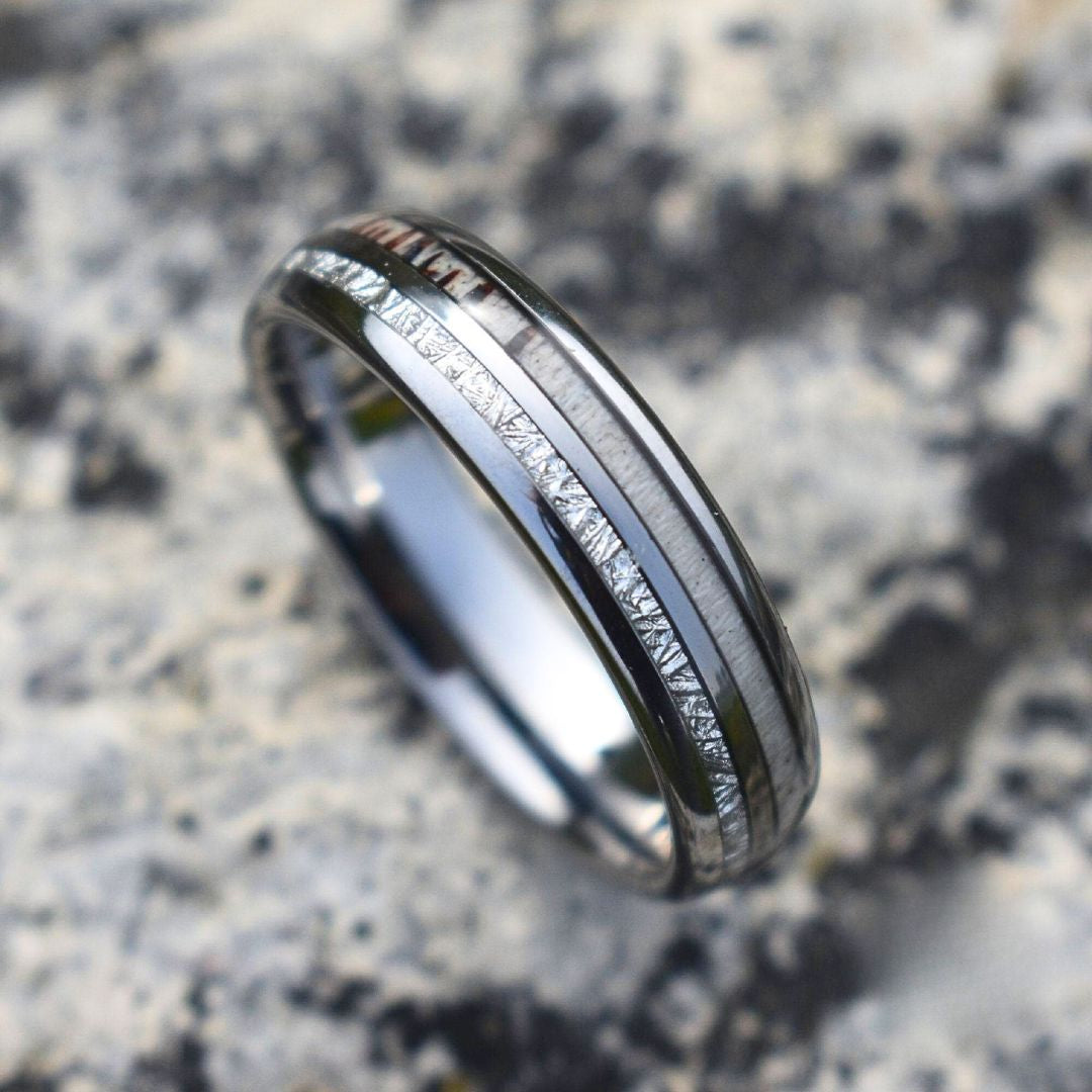 Silver Tungsten 6mm Ring with Deer Antler and Meteorite - Tungsten Titans