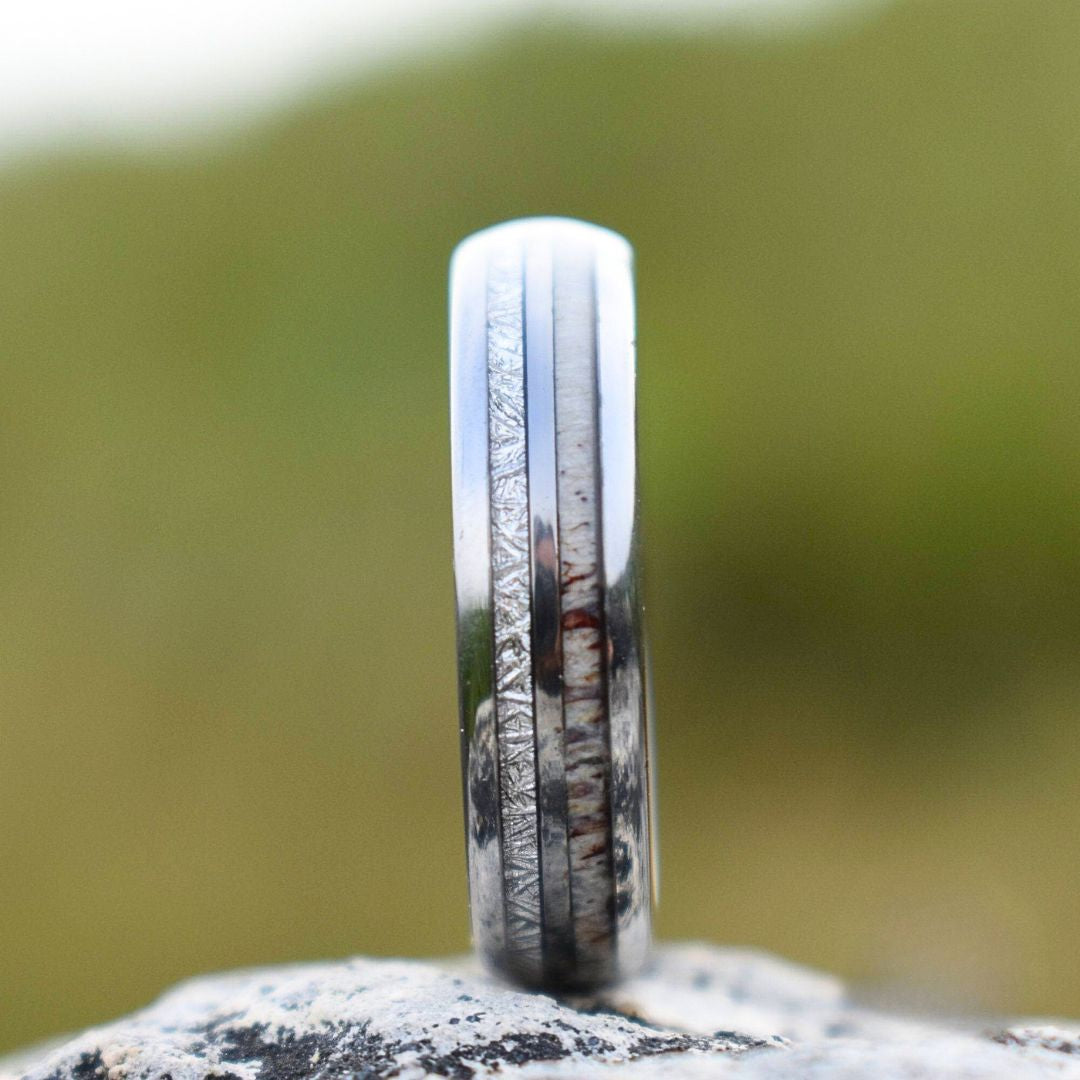Silver Tungsten 6mm Ring with Deer Antler and Meteorite - Tungsten Titans