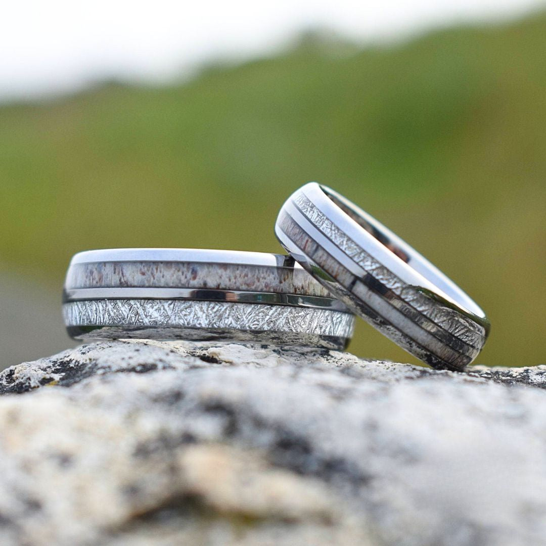Silver Tungsten 6mm Ring with Deer Antler and Meteorite - Tungsten Titans