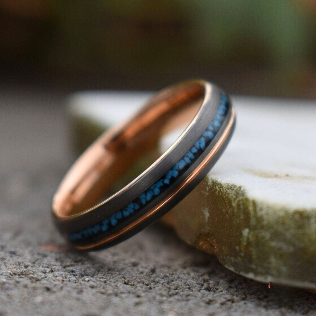 Tungsten 6mm Ring Grey with Rose Gold Accent and Crushed Turquoise - Tungsten Titans