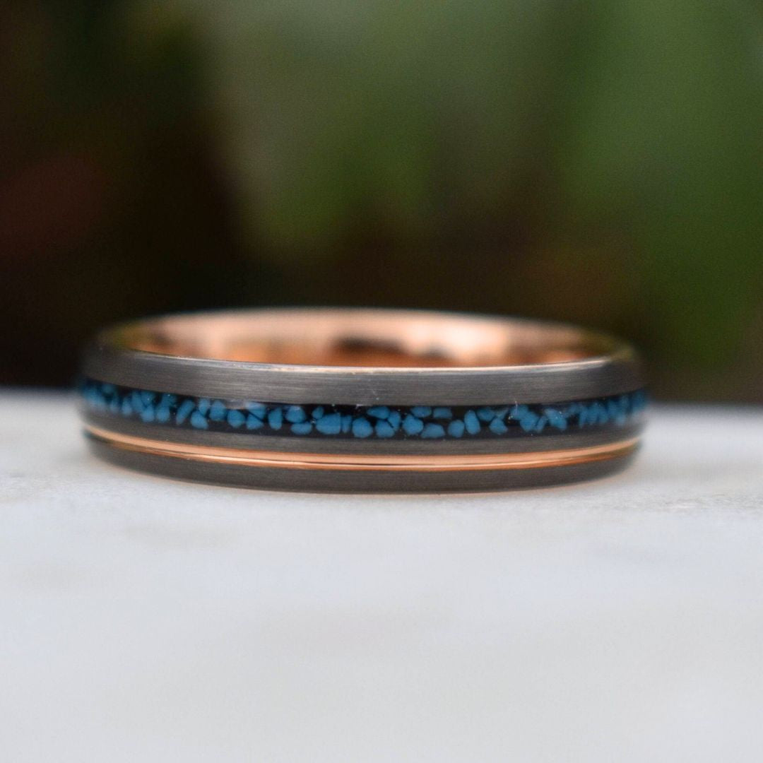 Tungsten 6mm Ring Grey with Rose Gold Accent and Crushed Turquoise - Tungsten Titans