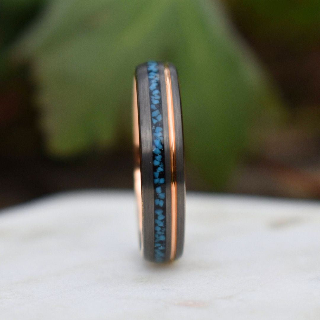 Tungsten 6mm Ring Grey with Rose Gold Accent and Crushed Turquoise - Tungsten Titans