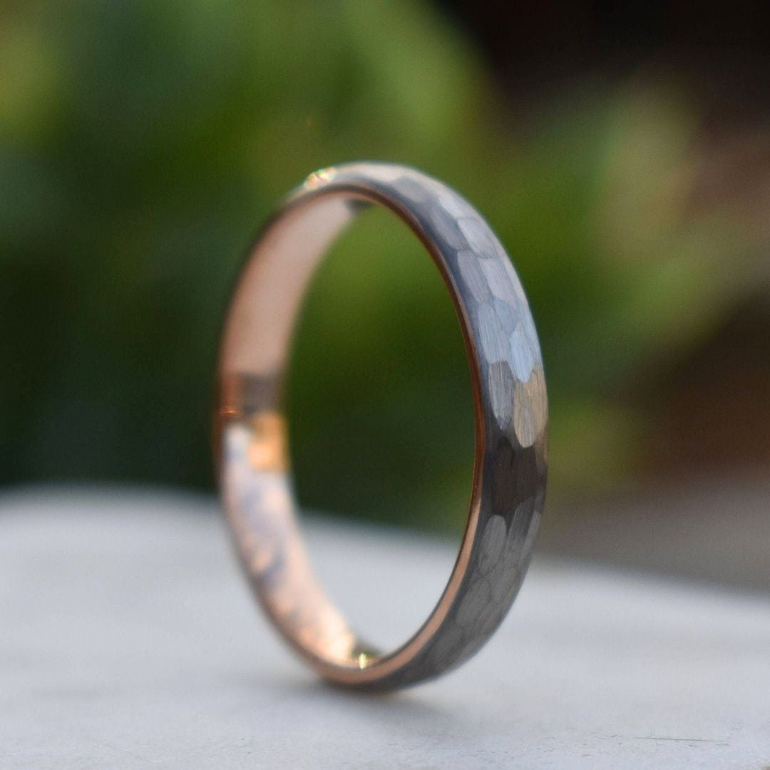 Hammered Tungsten 4mm Ring with Rose Gold band - Tungsten Titans