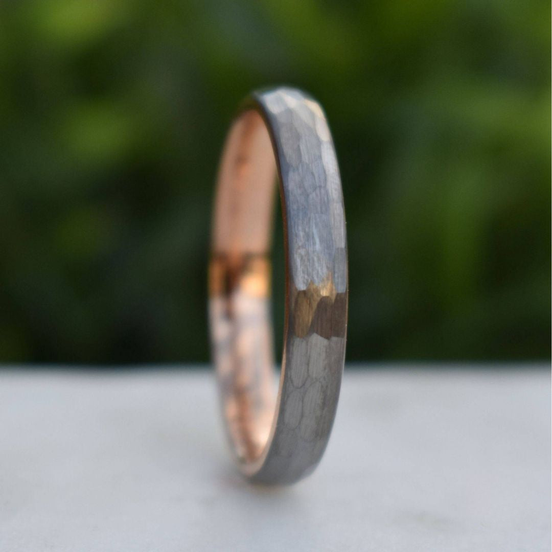 Hammered Tungsten 4mm Ring with Rose Gold band - Tungsten Titans
