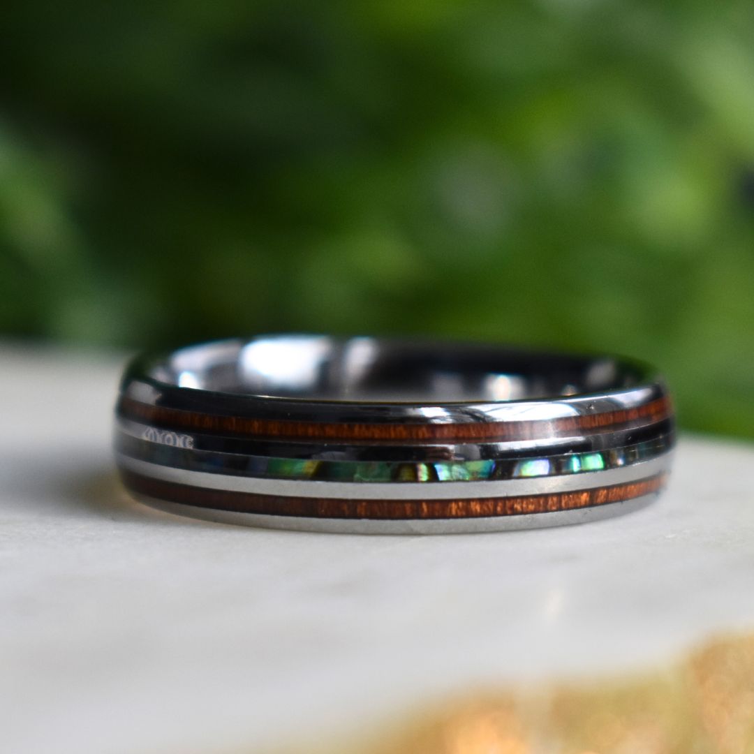 Tungsten 6mm Ring with Koa Wood and Shell Inlay