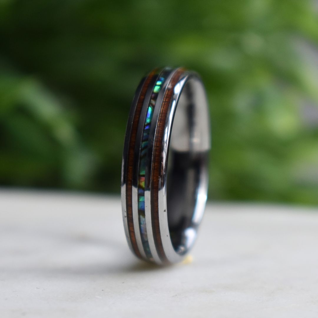 Tungsten 6mm Ring with Koa Wood and Shell Inlay