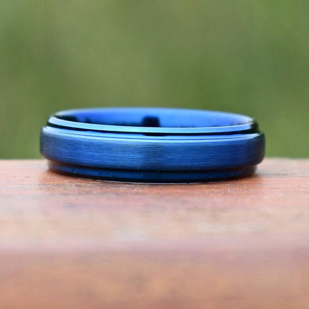 Tungsten Ring Blue 6mm Brushed Center with a Deep Stepped Edge - Tungsten Titans