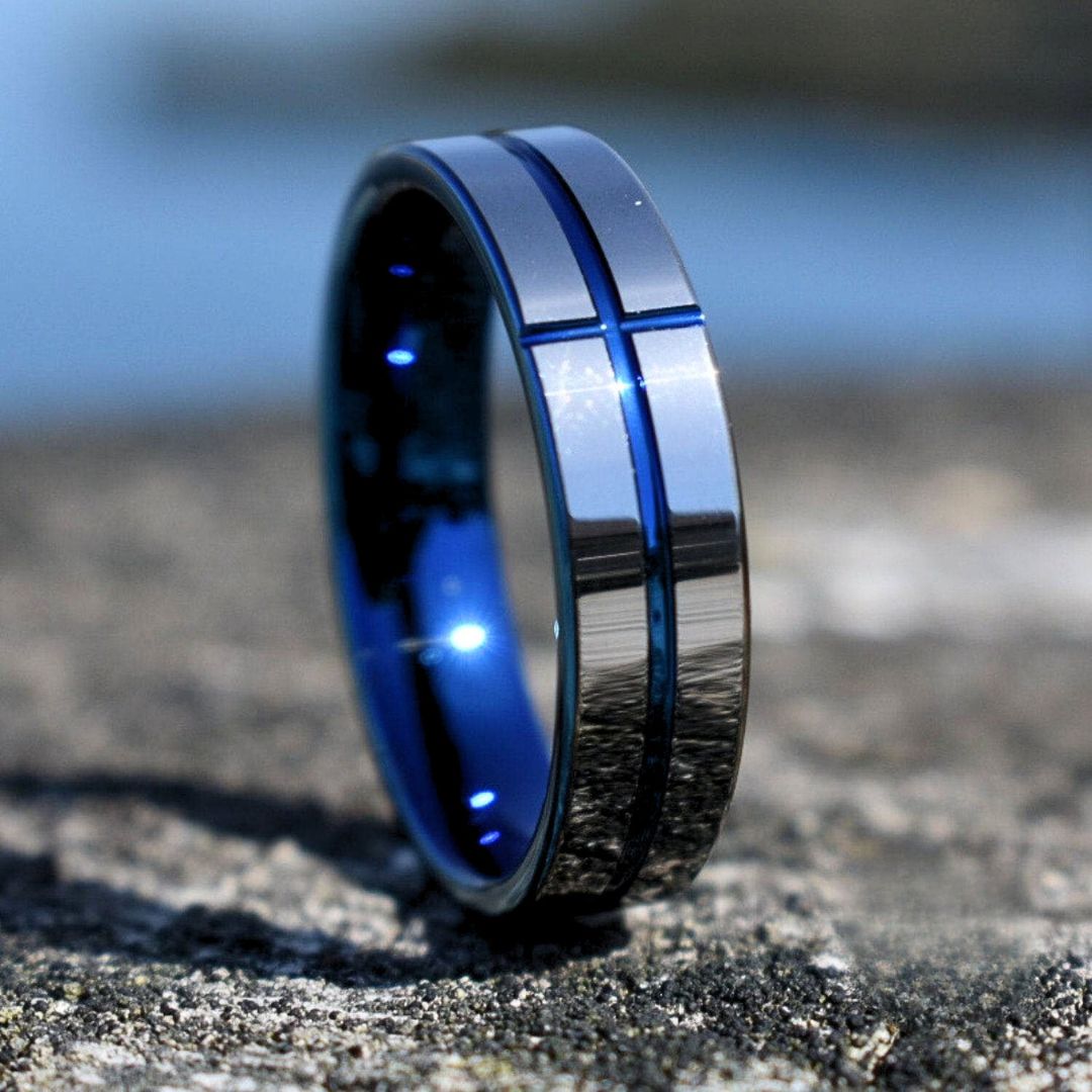 Tungsten 6mm Silver Ring with a Blue Cross and Comfort fit band - Tungsten Titans