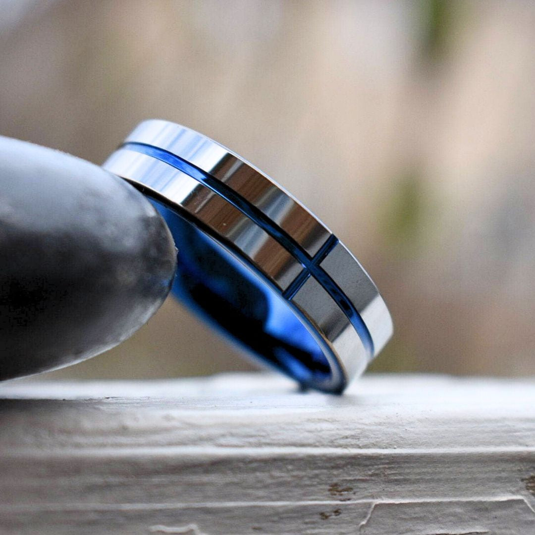 Tungsten 6mm Silver Ring with a Blue Cross and Comfort fit band - Tungsten Titans