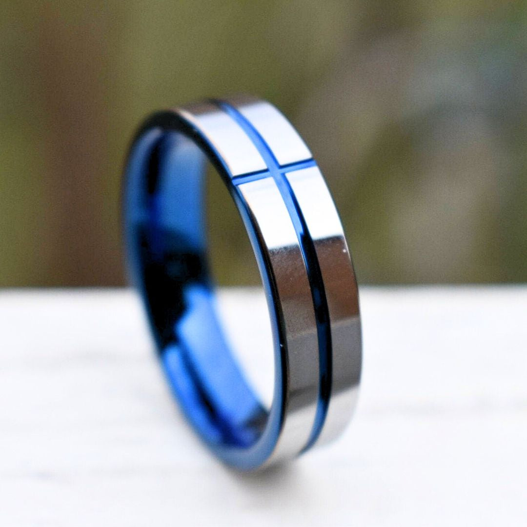 Tungsten 6mm Silver Ring with a Blue Cross and Comfort fit band - Tungsten Titans