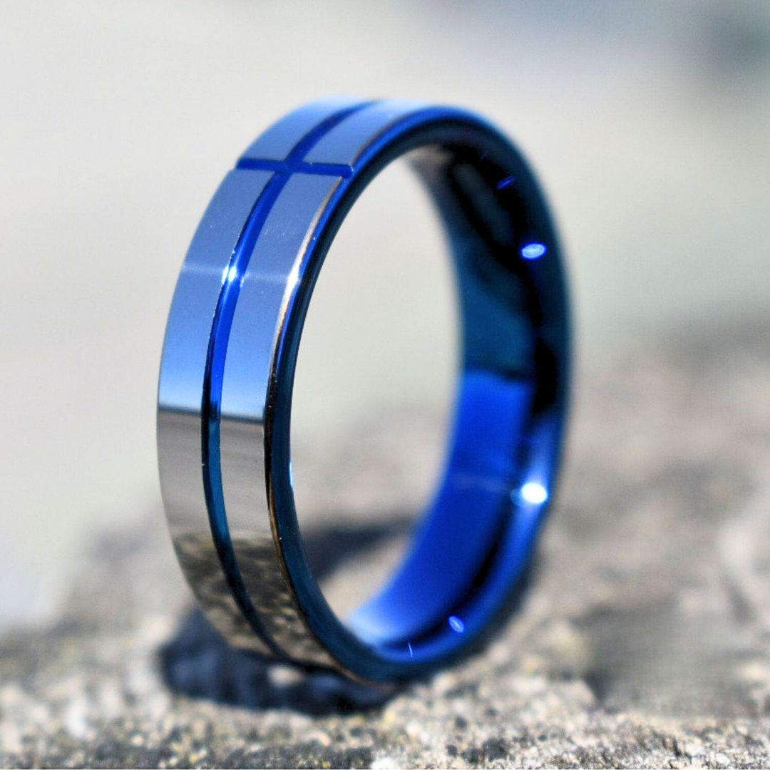 Tungsten 6mm Silver Ring with a Blue Cross and Comfort fit band - Tungsten Titans