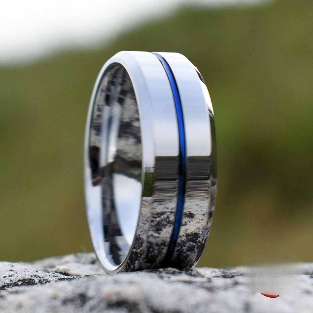 Tungsten 8mm Silver Ring with a Blue Center Strip - Tungsten Titans