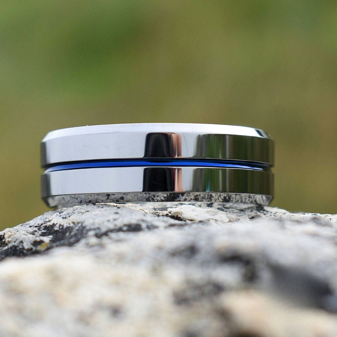 Tungsten 8mm Silver Ring with a Blue Center Strip - Tungsten Titans