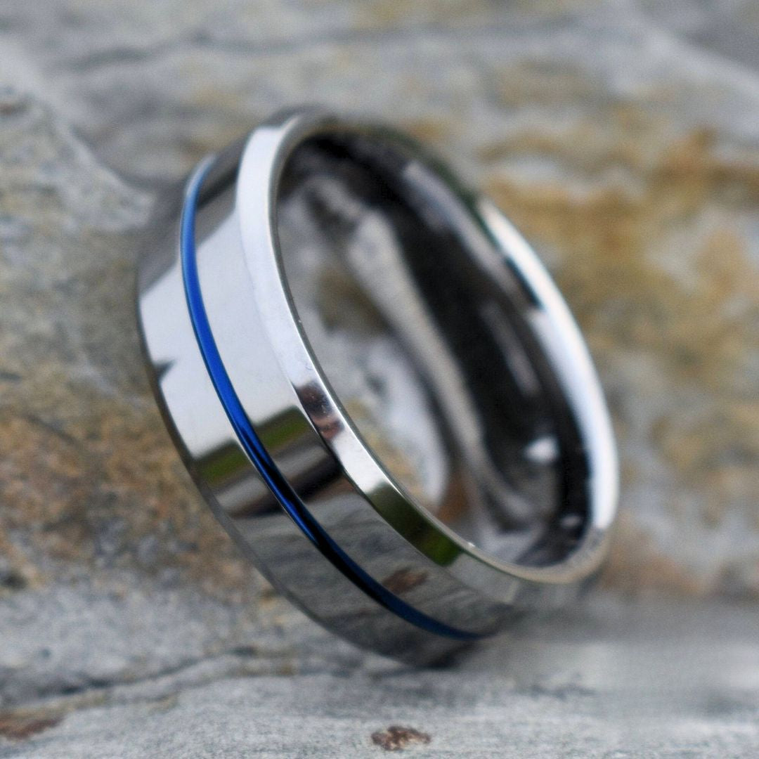 Tungsten 8mm Silver Ring with a Blue Center Strip - Tungsten Titans