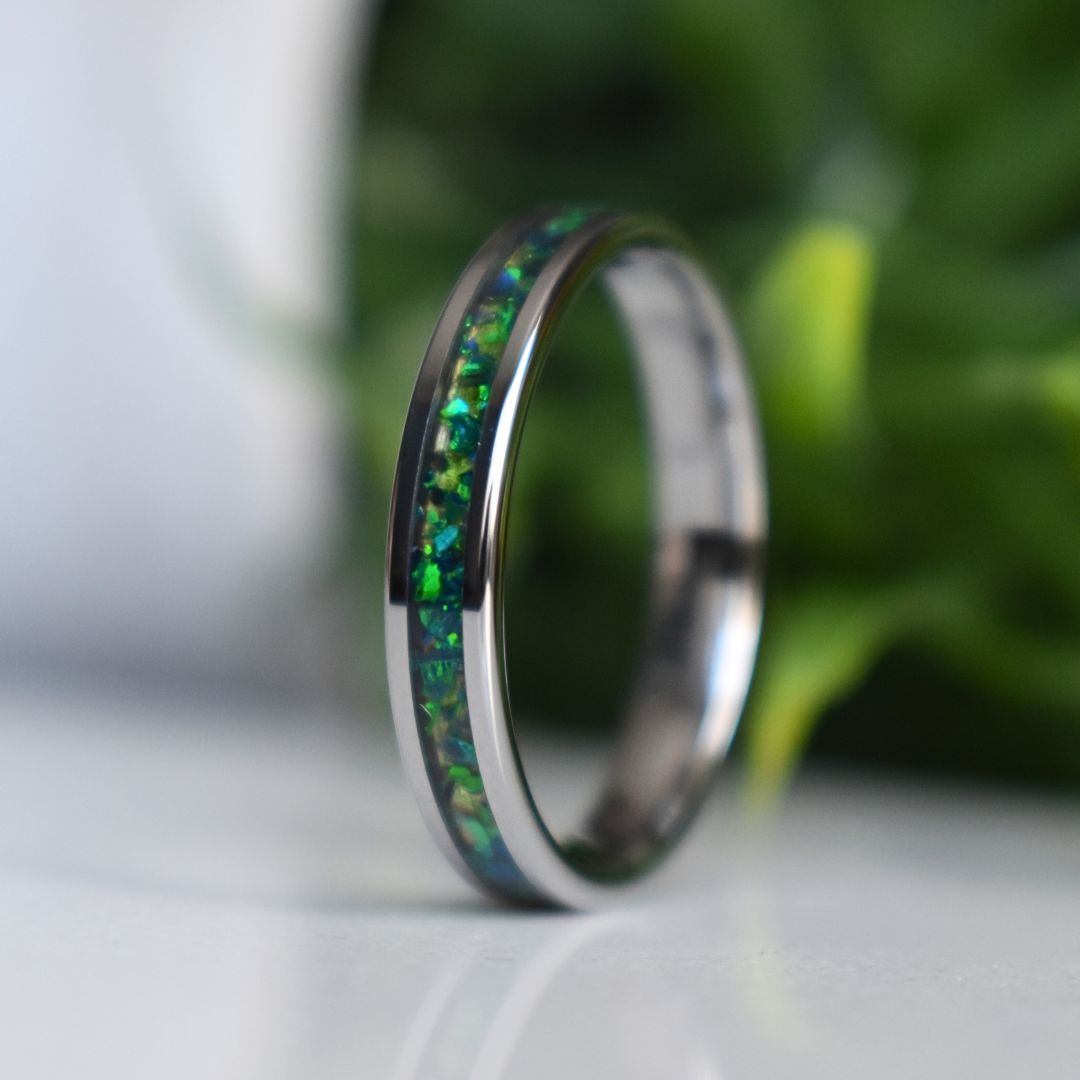 Tungsten 4mm Ring Crushed Green and Blue Opal Wedding Band - Tungsten Titans