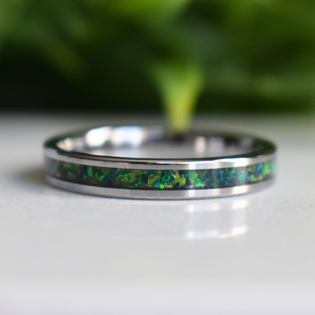 Tungsten 4mm Ring Crushed Green and Blue Opal Wedding Band - Tungsten Titans