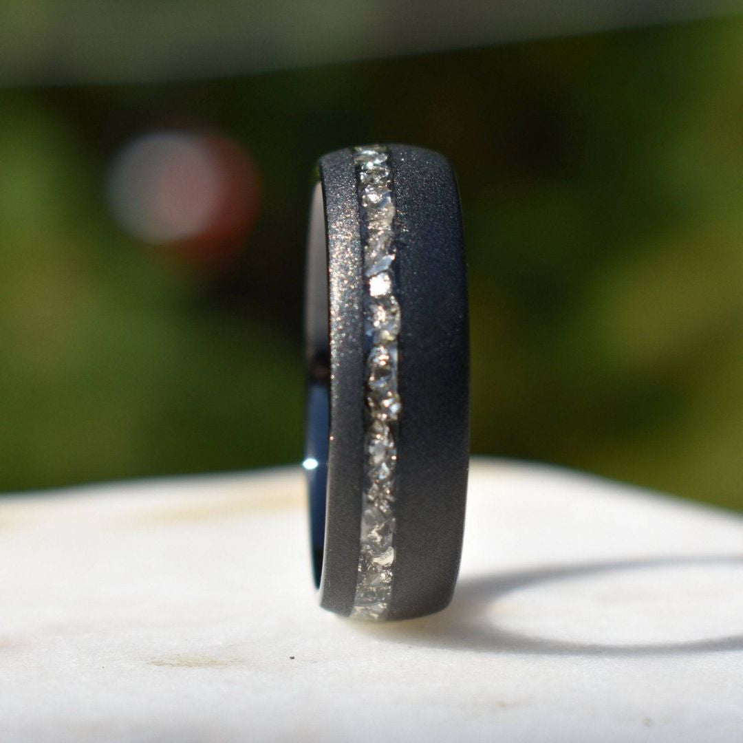 Tungsten 8mm Ring Black Sandblasted with German Silver Glass - Tungsten Titans