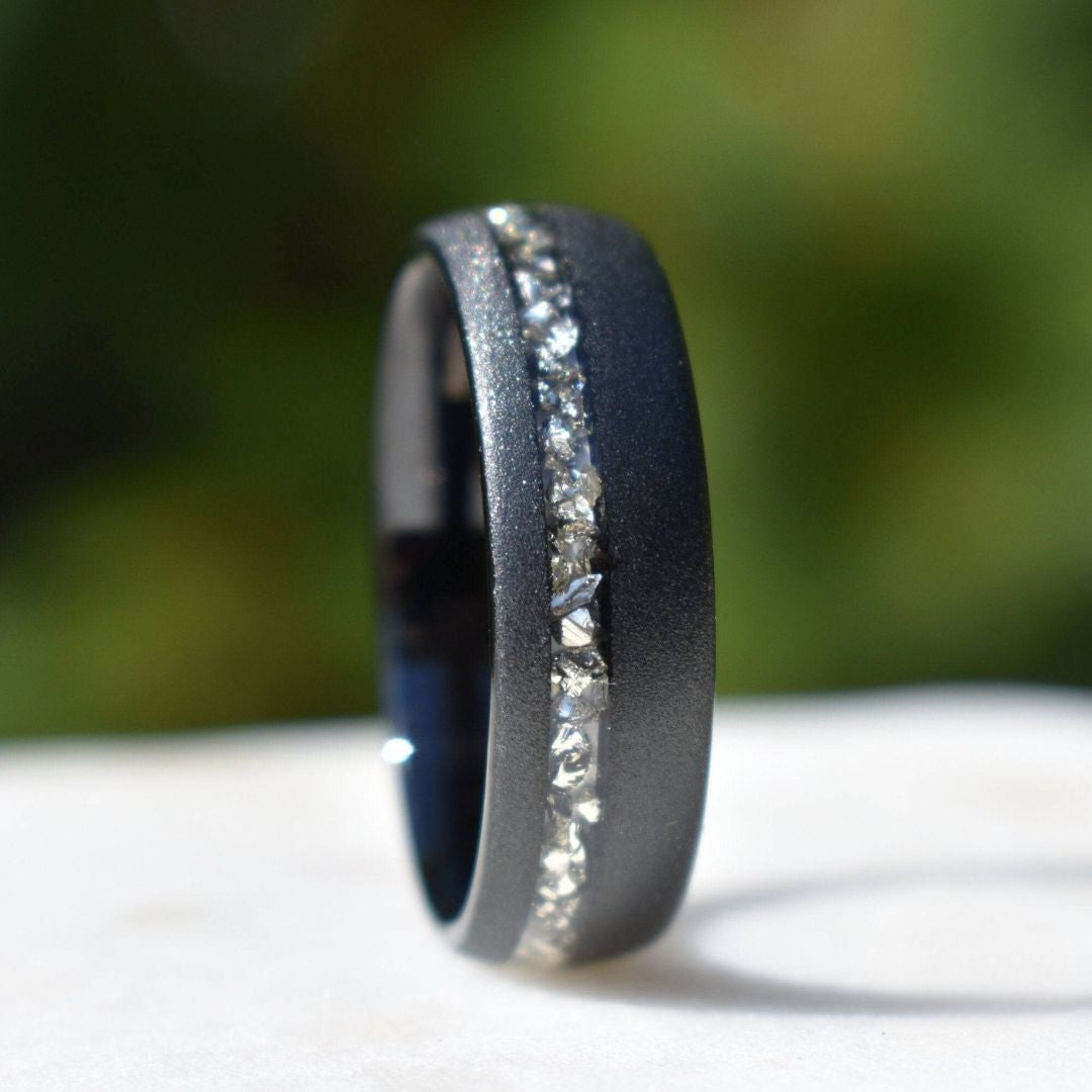 Tungsten 8mm Ring Black Sandblasted with German Silver Glass - Tungsten Titans