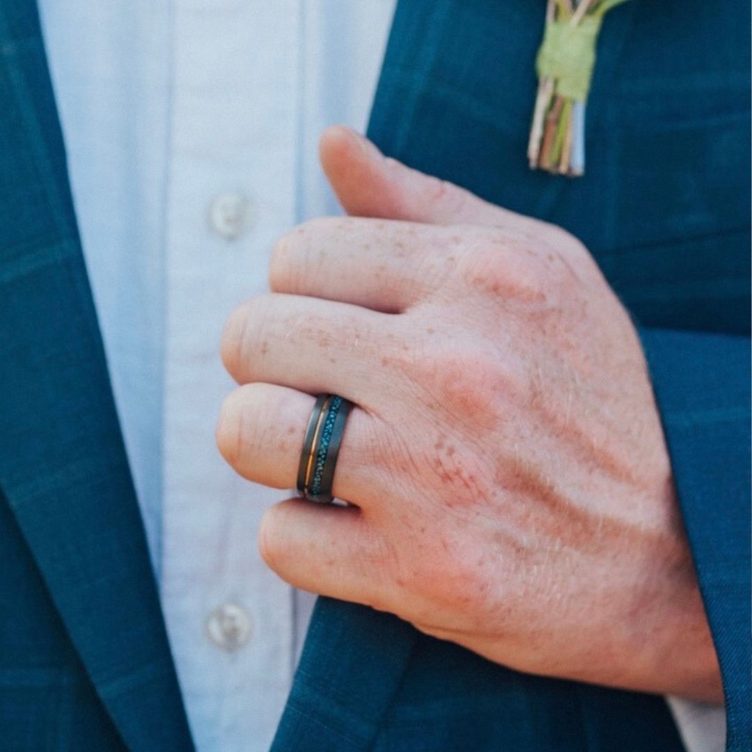 Tungsten 8mm Ring Grey with Rose Gold Accent and Crushed Turquoise - Tungsten Titans