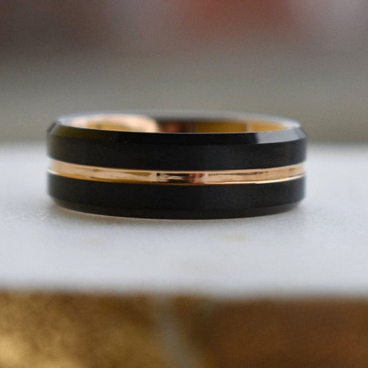 Black 8mm Tungsten Ring with Rose Gold Center Strip - Tungsten Titans