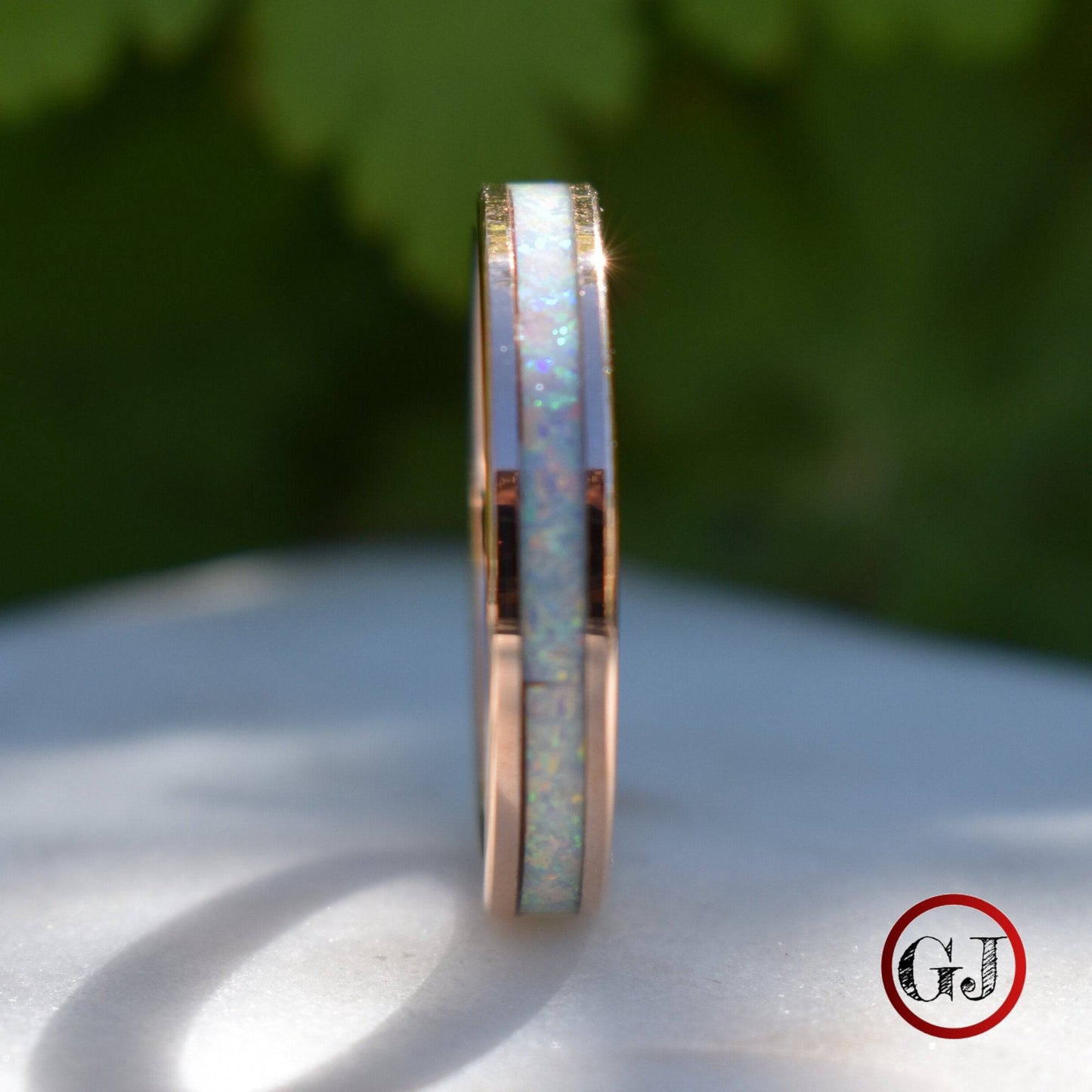 Tungsten 4mm Rose Gold Ring Crushed White Opal Wedding Band - Tungsten Titans