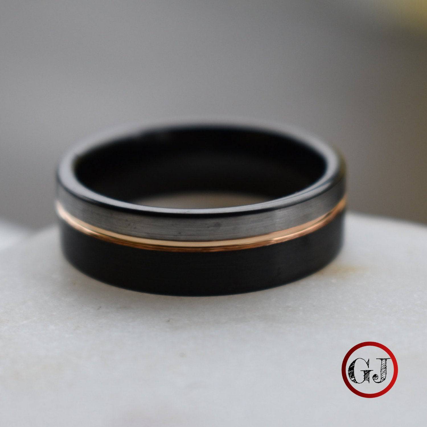 Tungsten 8mm Ring Black and Silver Brushed with Rose Gold Accent - Tungsten Titans