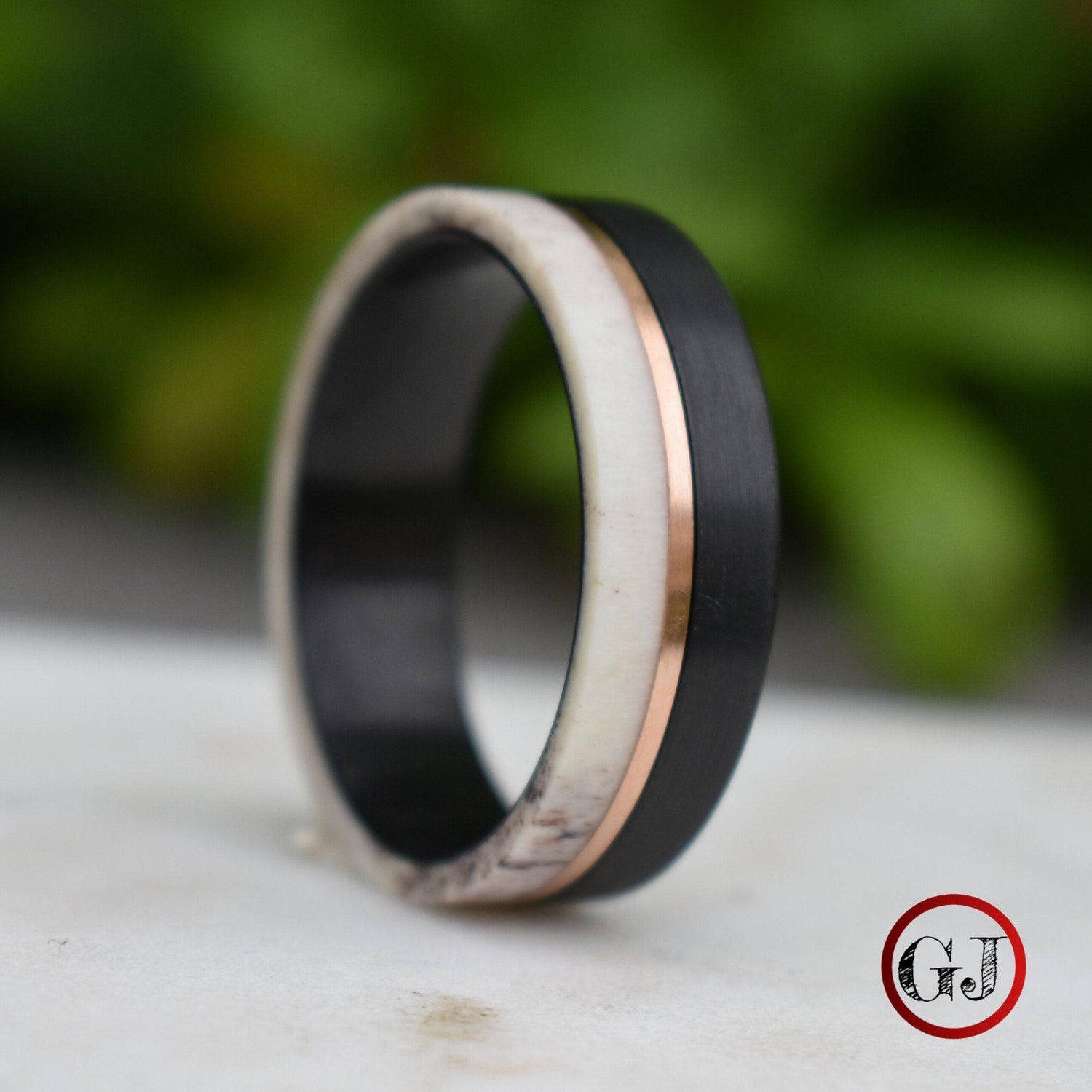 Deer Antler and Brushed Black 8mm Tungsten Ring with Rose Gold Center - Tungsten Titans