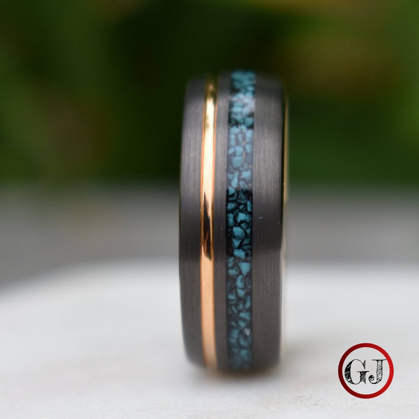 Tungsten 8mm Ring Grey with Rose Gold Accent and Crushed Turquoise - Tungsten Titans