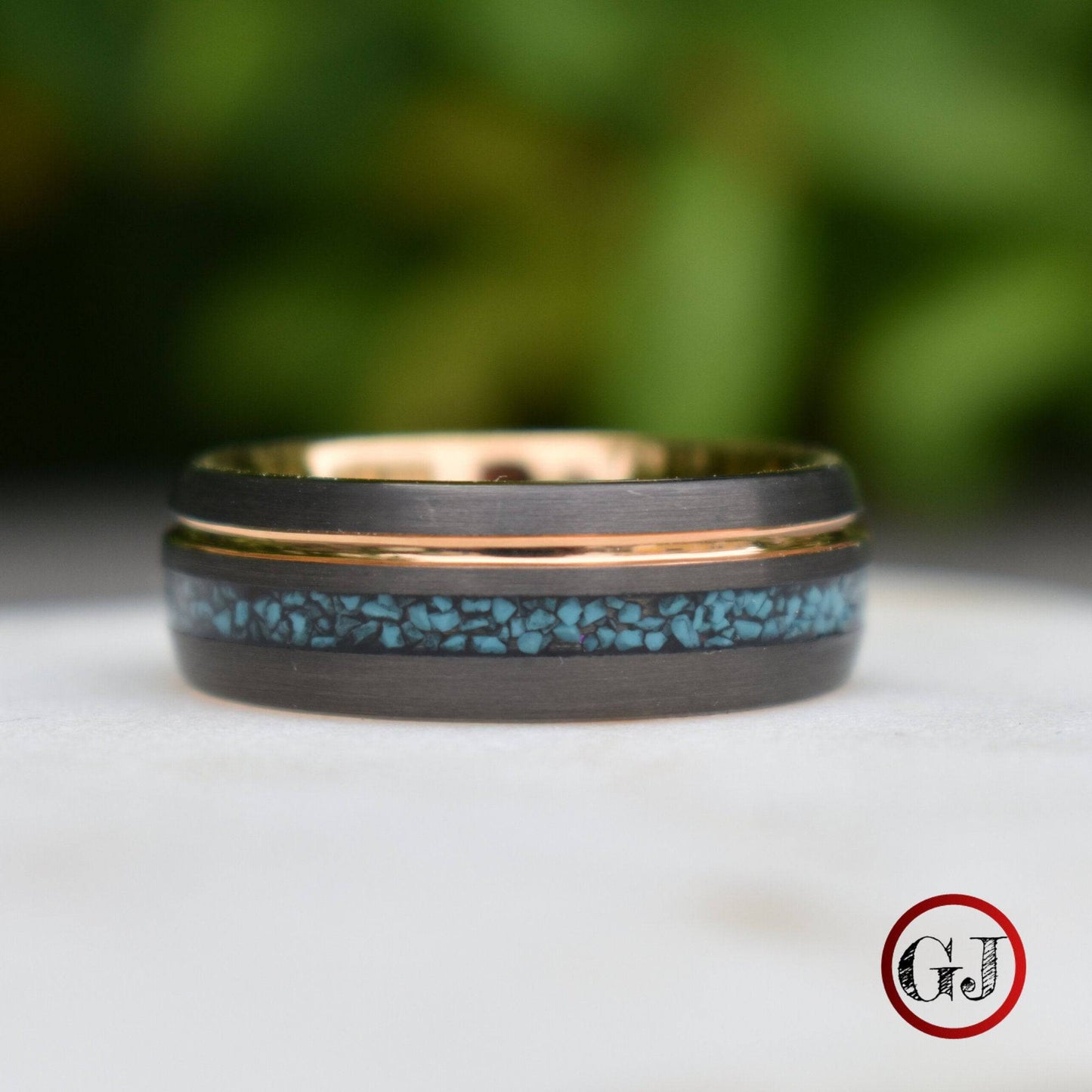 Tungsten 8mm Ring Grey with Rose Gold Accent and Crushed Turquoise - Tungsten Titans